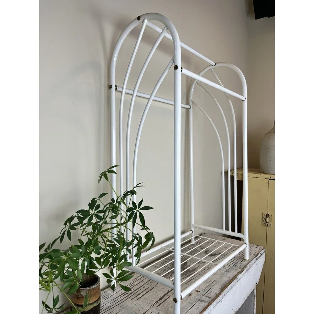 Vintage MCM White Metal Towel Caddy Rack Stand Free Standing Bathroom Retro MINT